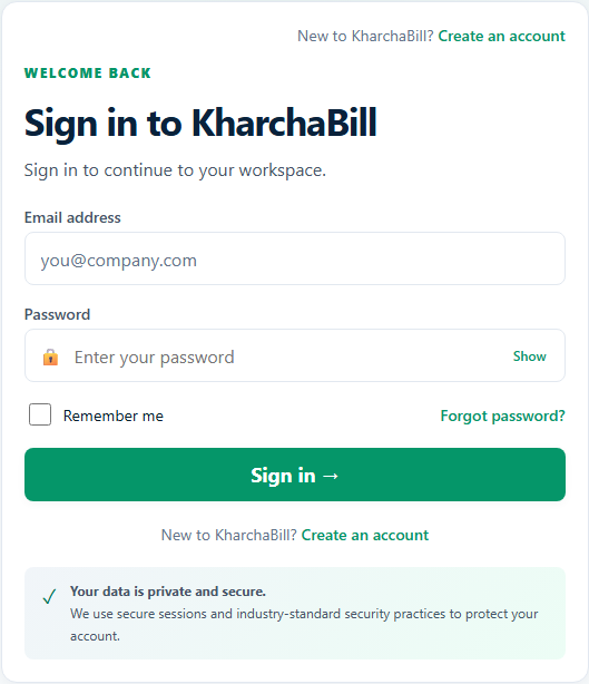 Actual KharchaBill sign-in screen — English